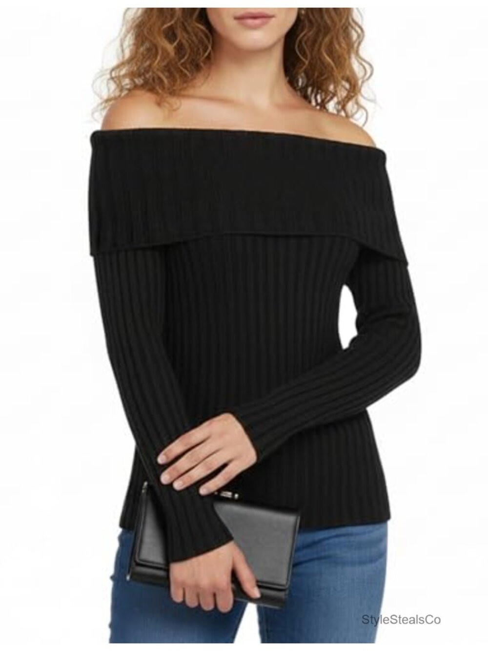 Women Off Shoulder Ribbed Knit Sweater Long Sleeve Pullover
